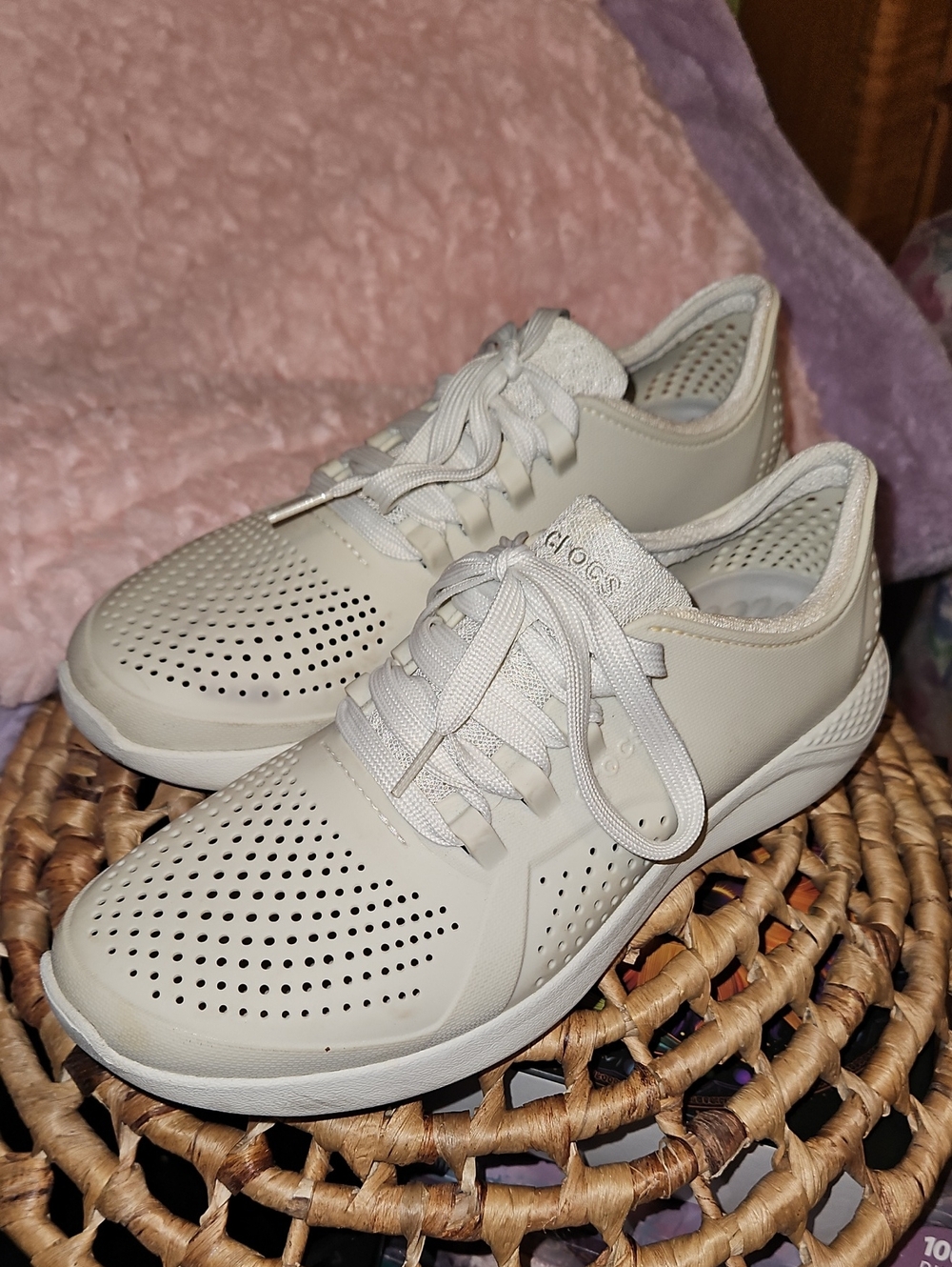 CROCS Women's Lace-Up Perforated Sneakers in Off-White
